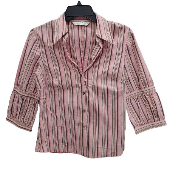 Trina Turk Women's Pink Multicolor Stripe 3/4‎ Stripe Button Up Blouse Size M - Picture 1 of 5